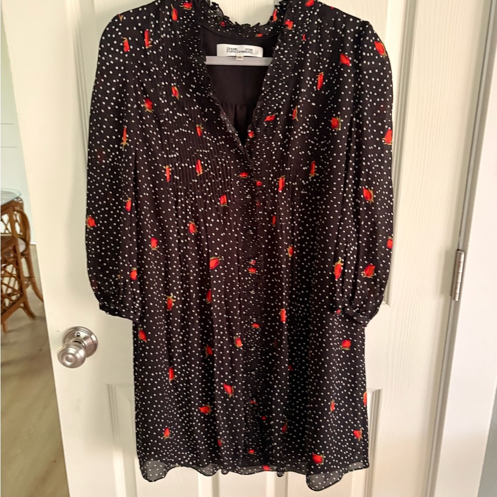 Diane Von Furstenberg Black Tunic with Red Floral and White Dot Print